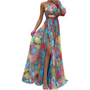 SooLinen One Shoulder Long Sleeve Slit Maxi Dress in Multi Floral, Size L​